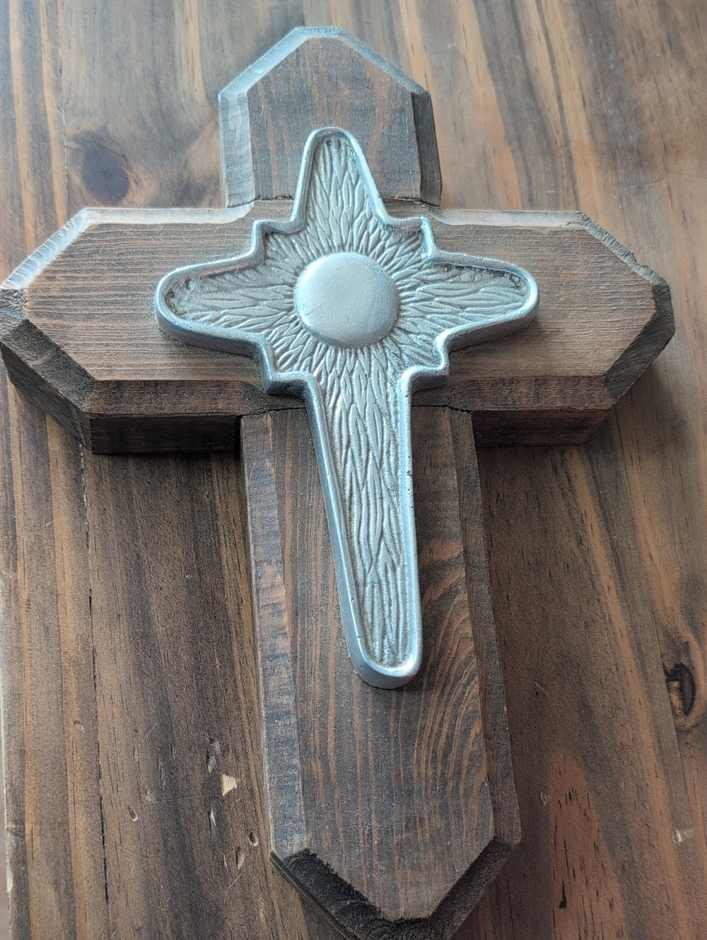 Decorative Wooden Cross Wall Accent with Silver Metal Inset